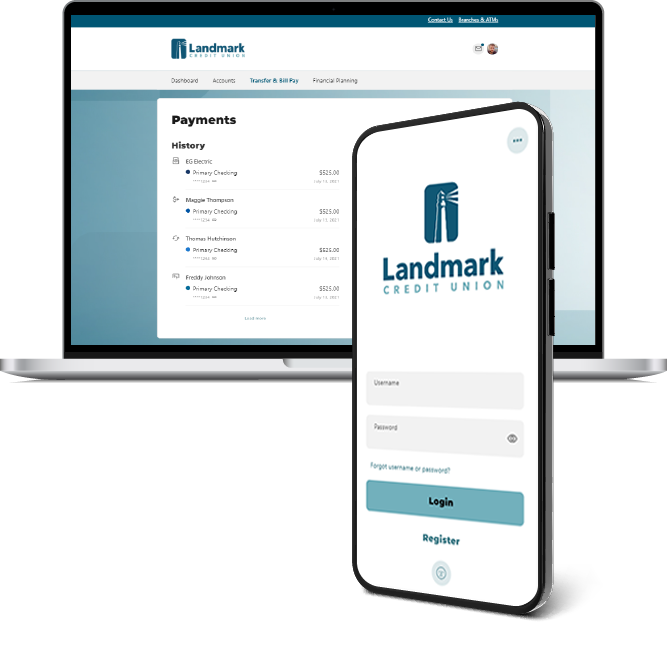 Laptop and mobile phone showing still of digital banking login page.