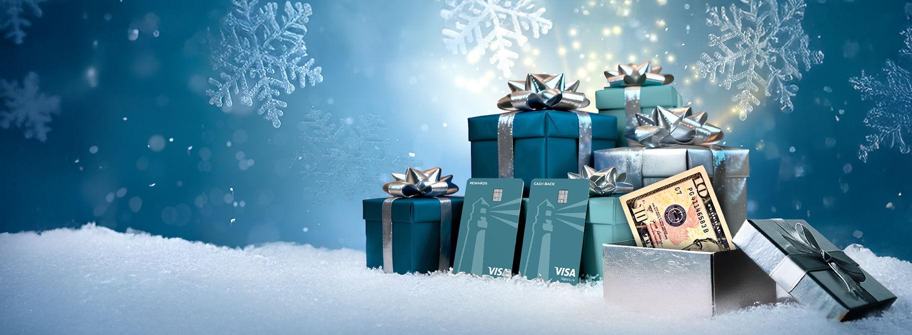 Holiday gifts with landmark credit cards and cash