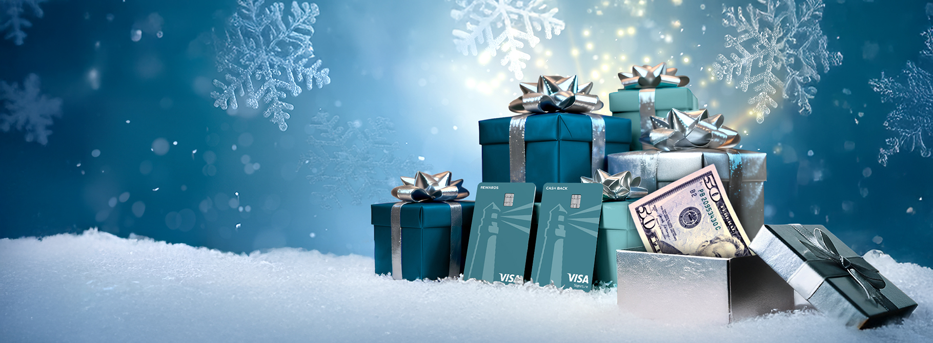 Holiday gifts with landmark credit cards and cash