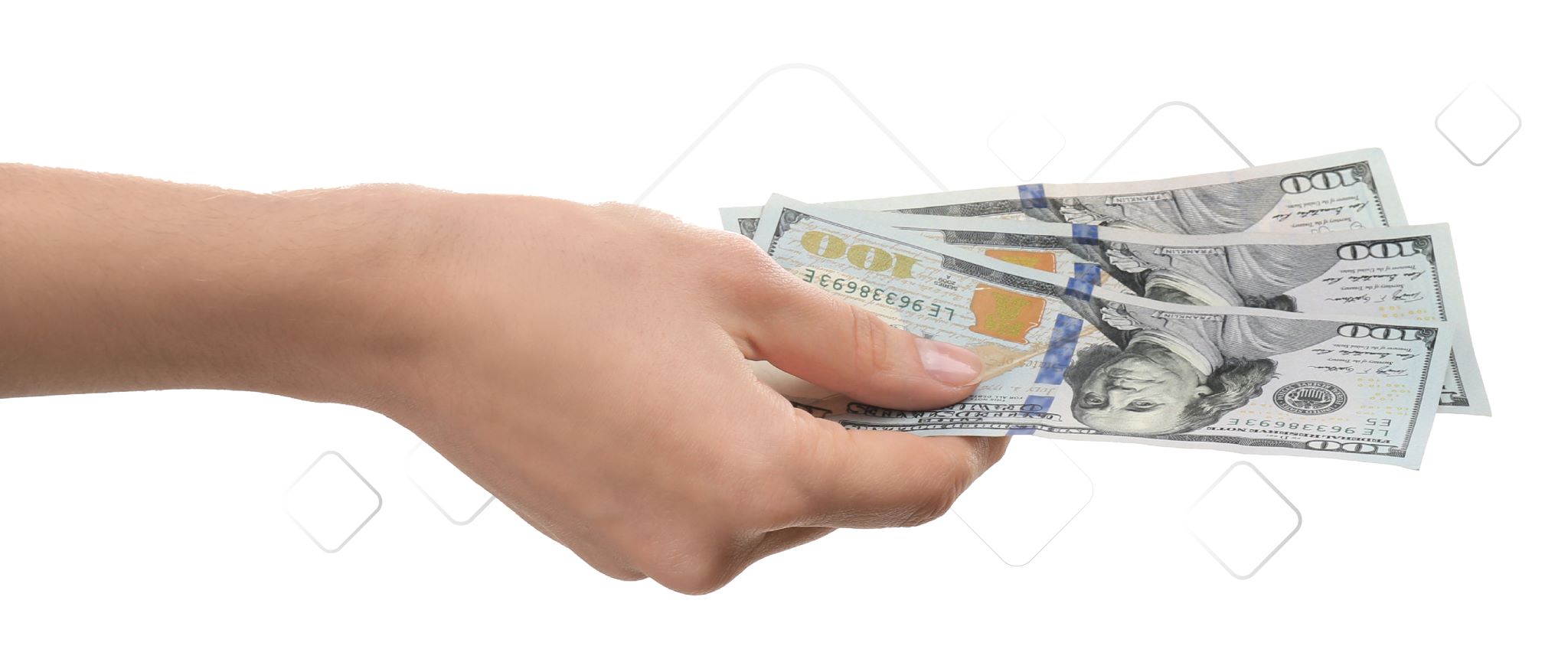 Woman's hand reaching out with three hundred dollars in her right hand reaching to give to someone.