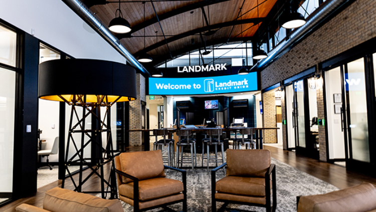 Oconomowoc branch building interior lobby with signage